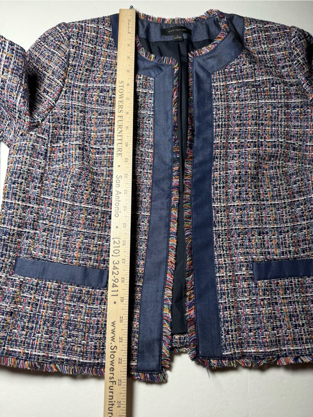 Ann Taylor Multicolor Tweed Fringe Jacket Blazer Navy Trim Size 14 - Picture 9 of 10